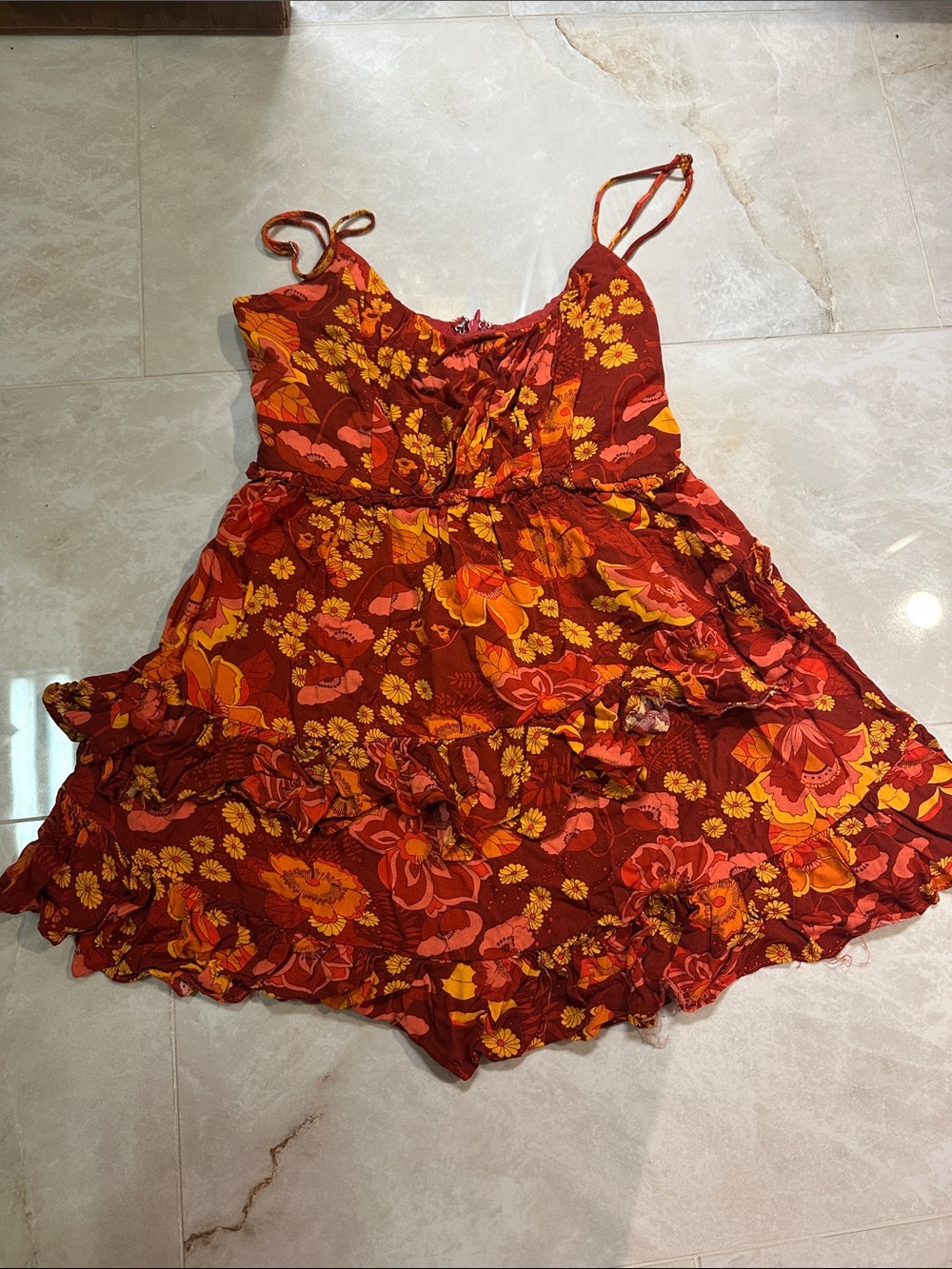 Floral Ruffled Mini Dress in Burnt Orange and Yellow - Picture 3 of 4